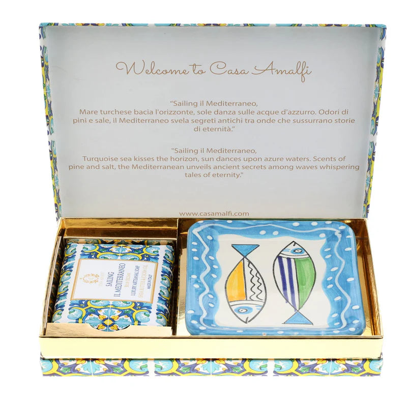 CASA AMALFI SOAPS: Scented Soap Bar with ceramic soap dish - Sailing Il Mediterraneo Single Gift Box