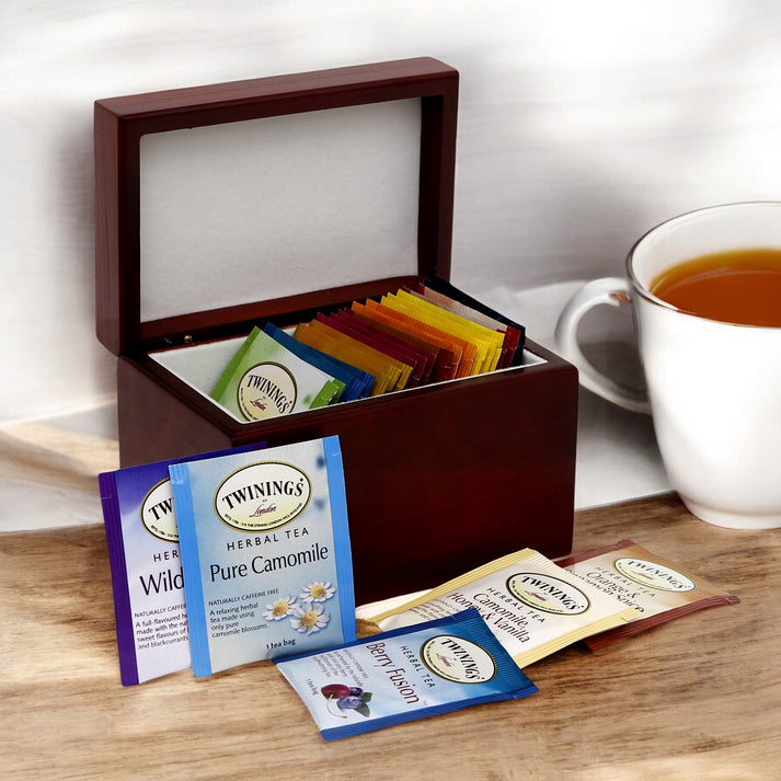 RICCO ITALIA DERUTA: WOOD BOX Lined Tea Bags Wood Box with printed tile lid - Ricco Italia Deruta Design