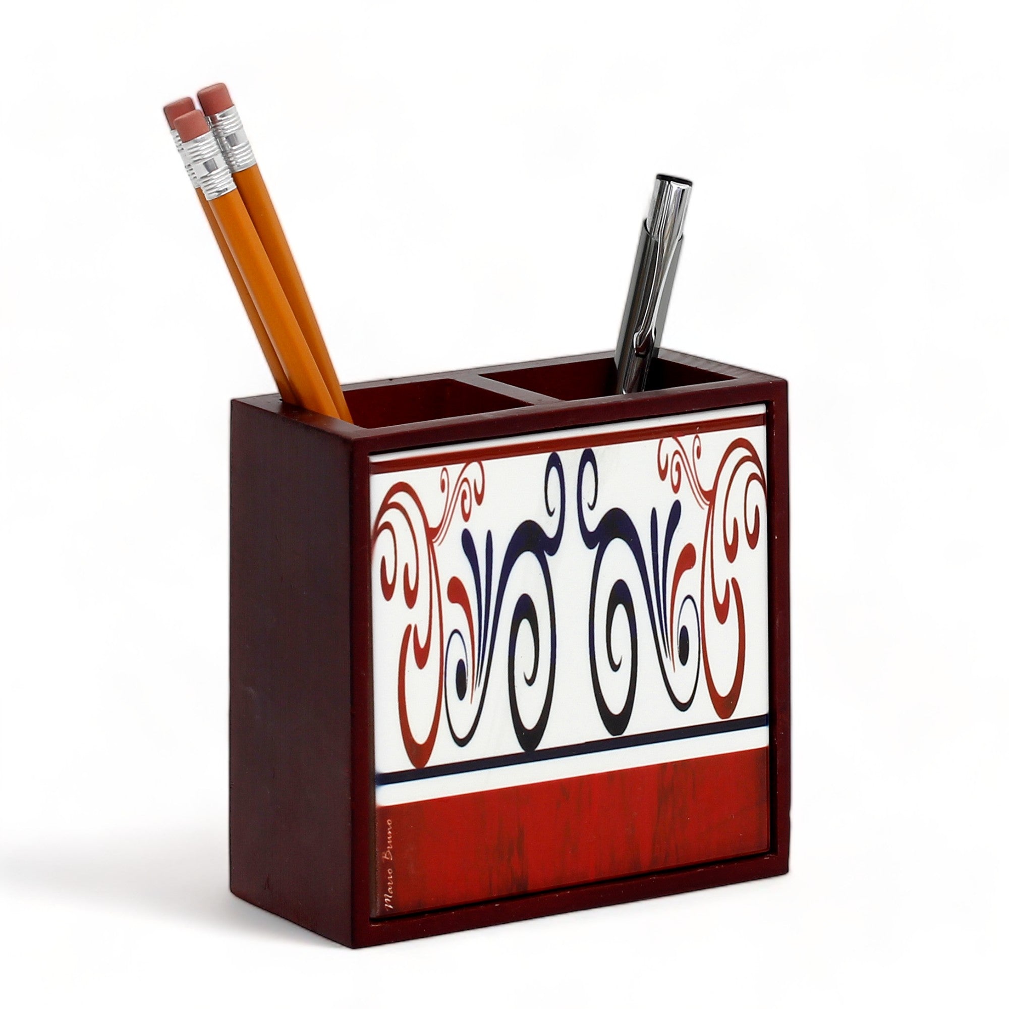 WOOD PENCIL HOLDER: Rosewood high quality pencil holder with decorative tile - Design Mario Bruno Design 04
