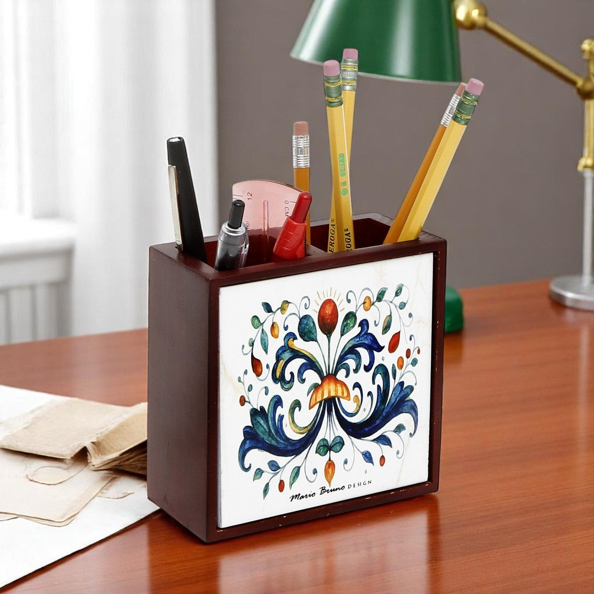 RICCO ITALIA DERUTA: Wood Pencil Holder in Rosewood with decorative tile - Mario Bruno Design