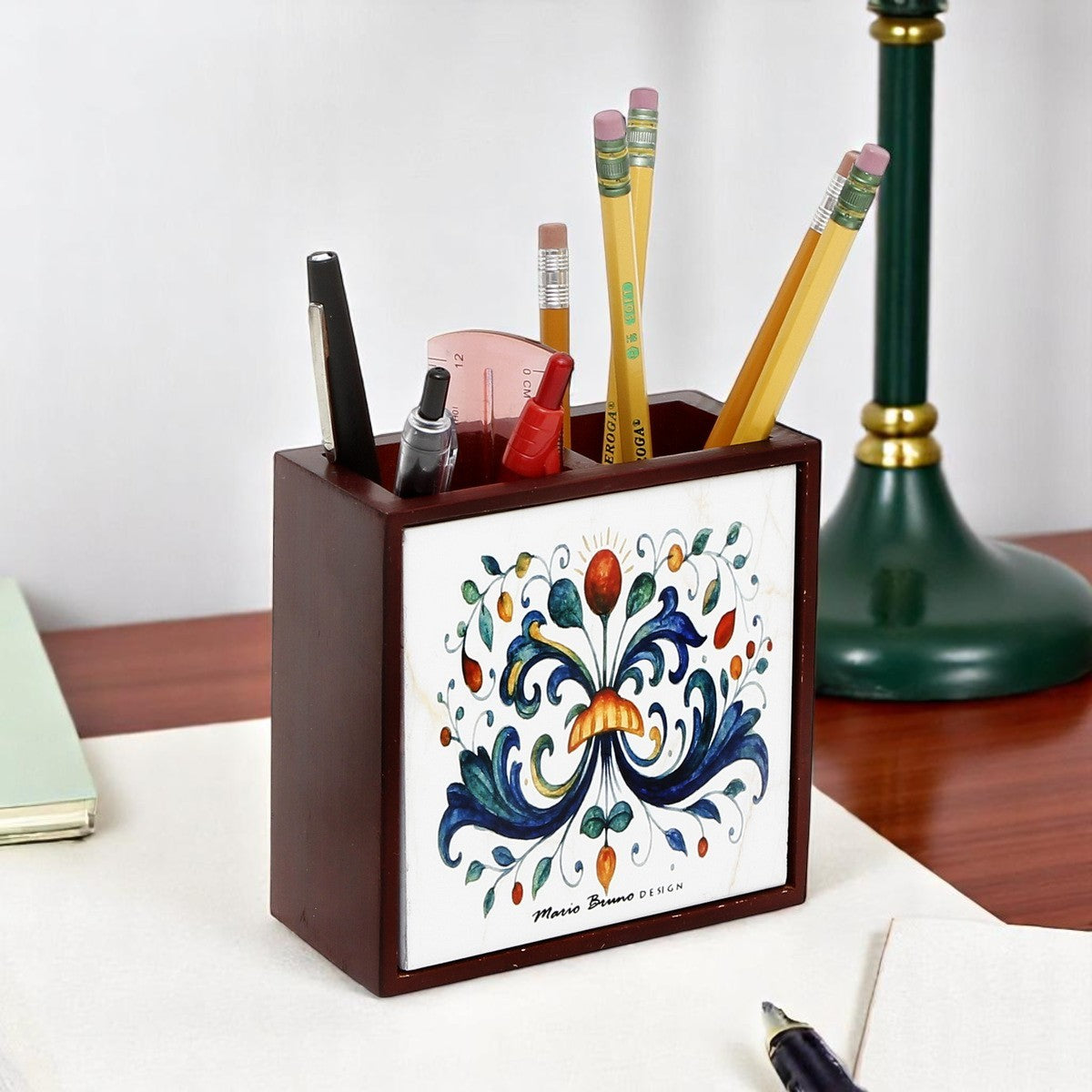RICCO ITALIA DERUTA: Wood Pencil Holder in Rosewood with decorative tile - Mario Bruno Design