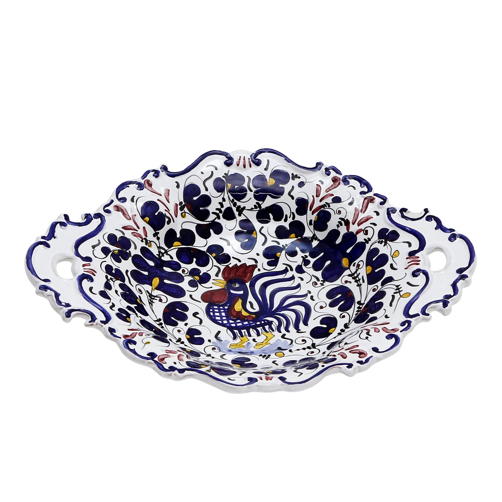 ORVIETO BLUE ROOSTER: Oval Tray with Handles [R] - artisticaitalian.com
