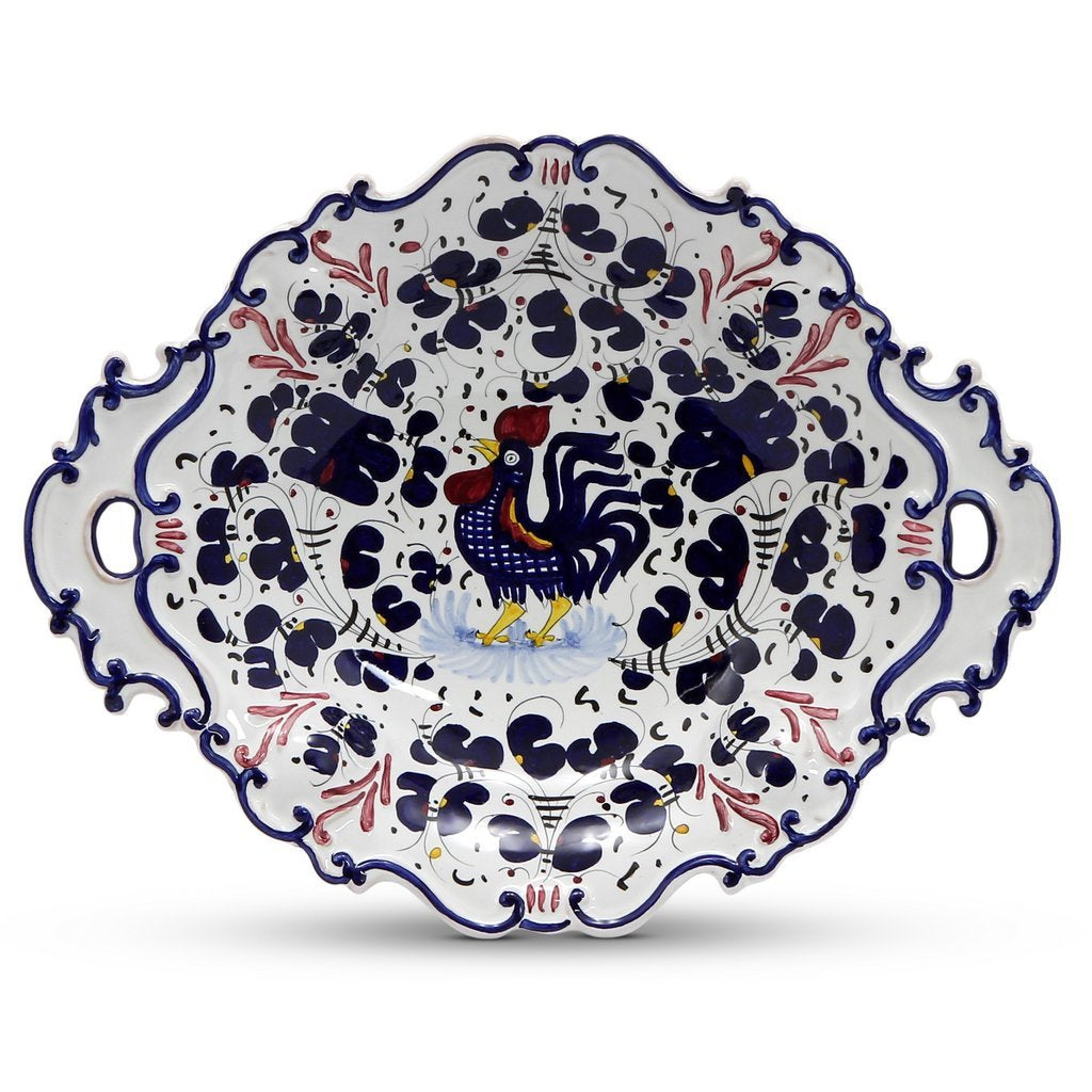 ORVIETO BLUE ROOSTER: Oval Tray with Handles [R] - artisticaitalian.com