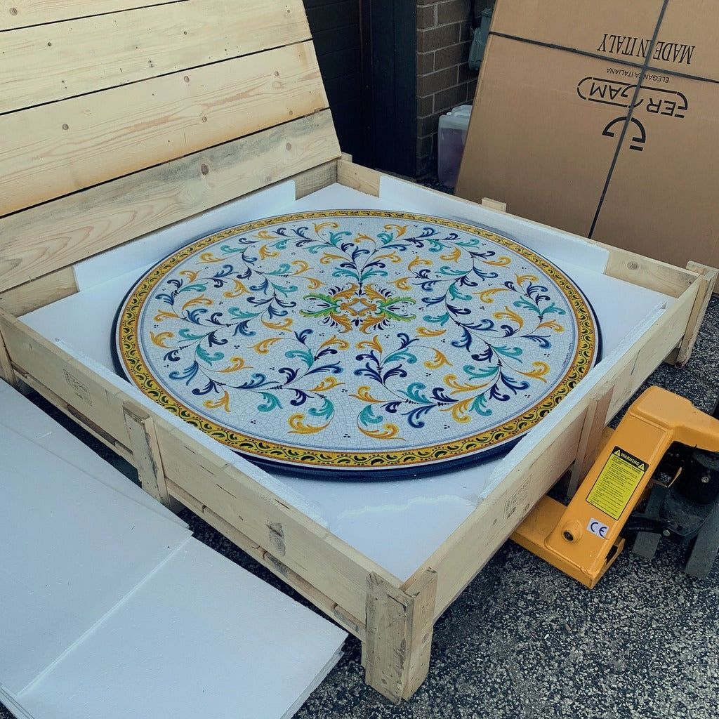 CERAMIC STONE TABLE + IRON BASE: SAN GIMIGNANO Design - Hand Painted in Deruta, Italy. - artisticaitalian.com