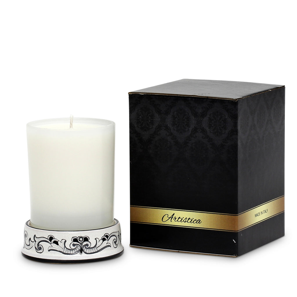 DERUTA CANDLES: Frosted Glass & Deruta Ceramic Base Candle ~ Deruta Nero Design - artisticaitalian.com