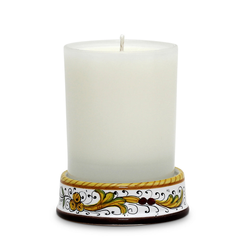 DERUTA CANDLES: Frosted Glass & Deruta Ceramic Base Candle ~ Perugino Design - artisticaitalian.com