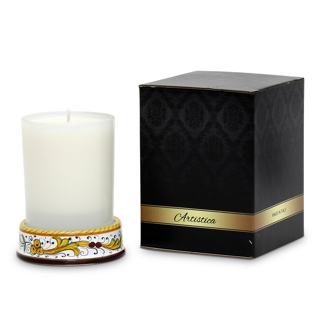 DERUTA CANDLES: Frosted Glass & Deruta Ceramic Base Candle ~ Perugino Design - artisticaitalian.com