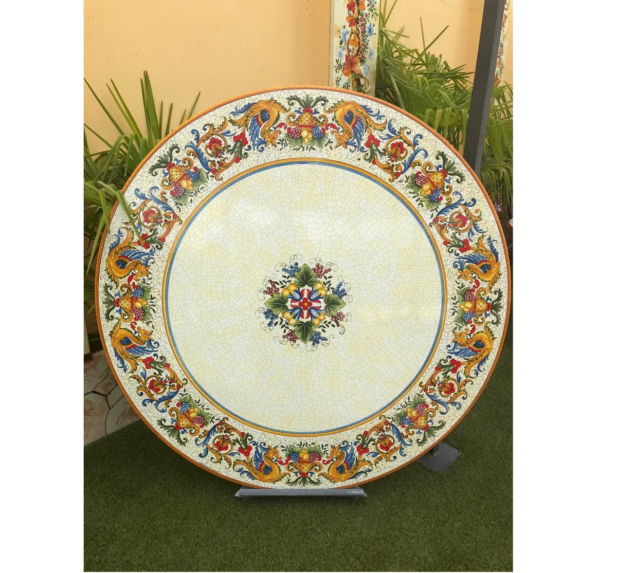 CERAMIC STONE TABLE + IRON BASE: RAFFAELLESCO DELUXE Design^ - Hand Painted in Deruta, Italy. - artisticaitalian.com