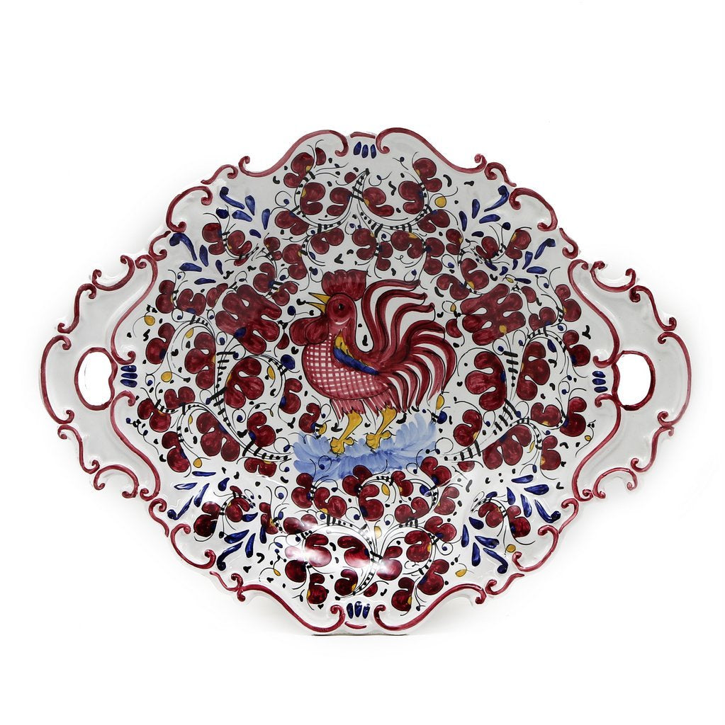 ORVIETO RED ROOSTER: Oval Tray with Handles [R] - artisticaitalian.com