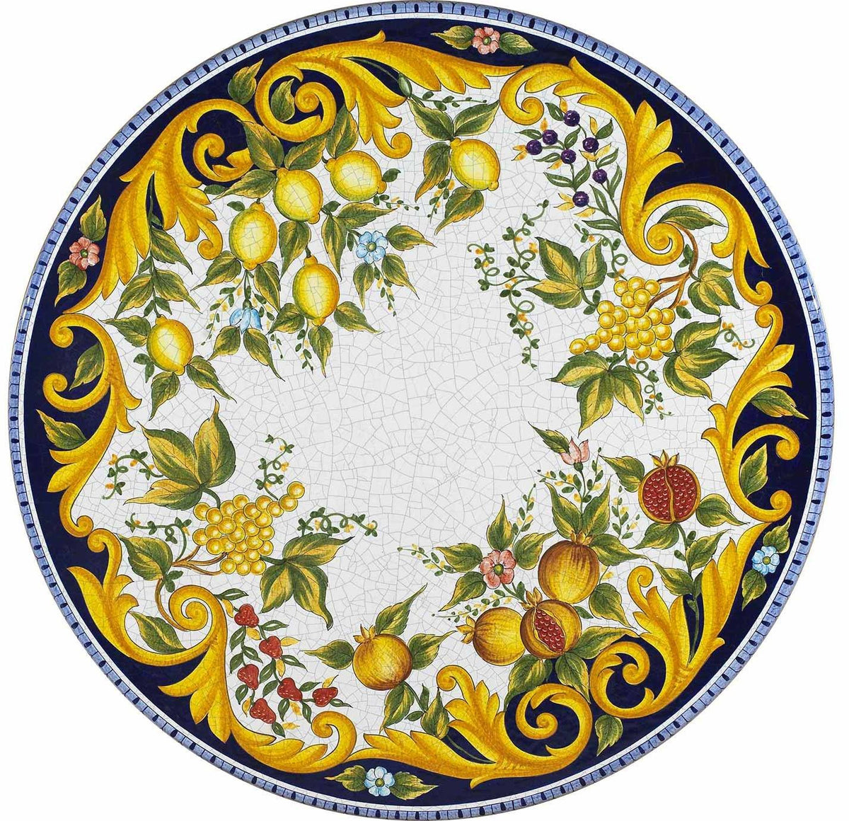 CERAMIC STONE TABLE + IRON BASE: VIETRI Design with Blue Rim^ - Hand Painted in Deruta, Italy. - artisticaitalian.com